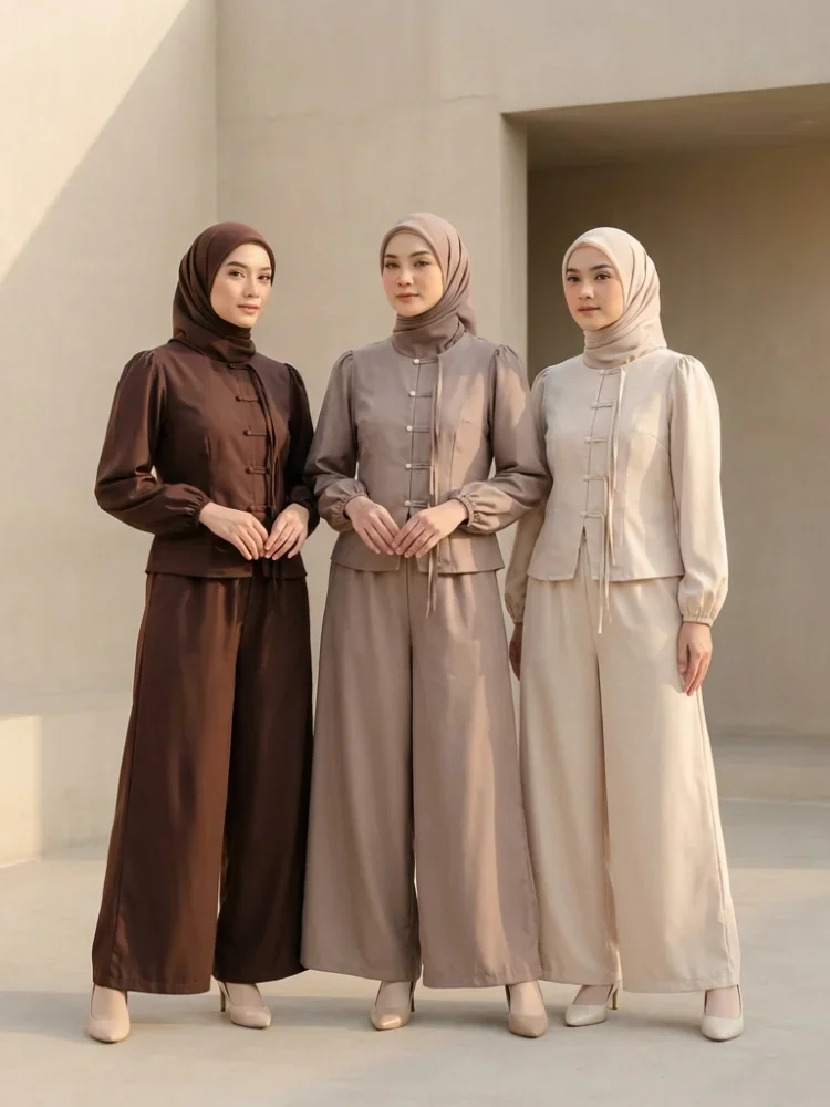 ASAYA Setelan wanita dengan lengan bell dan resleting buatan tangan bergaya minimalis warna solid