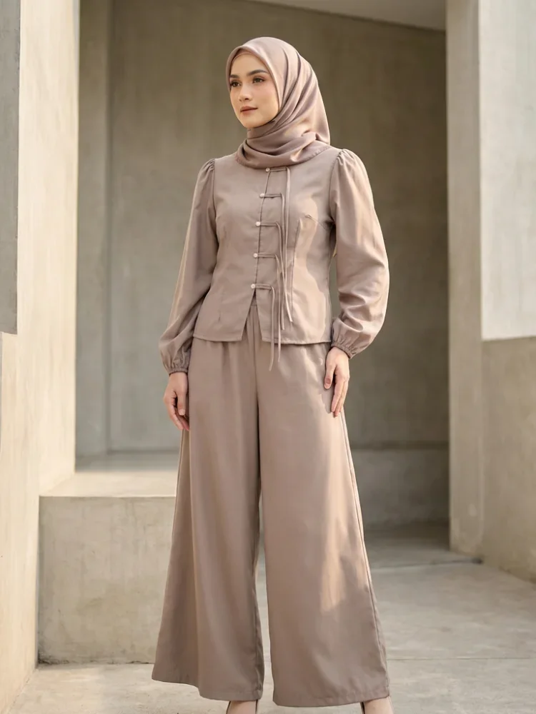 ASAYA Setelan wanita dengan lengan bell dan resleting buatan tangan bergaya minimalis warna solid