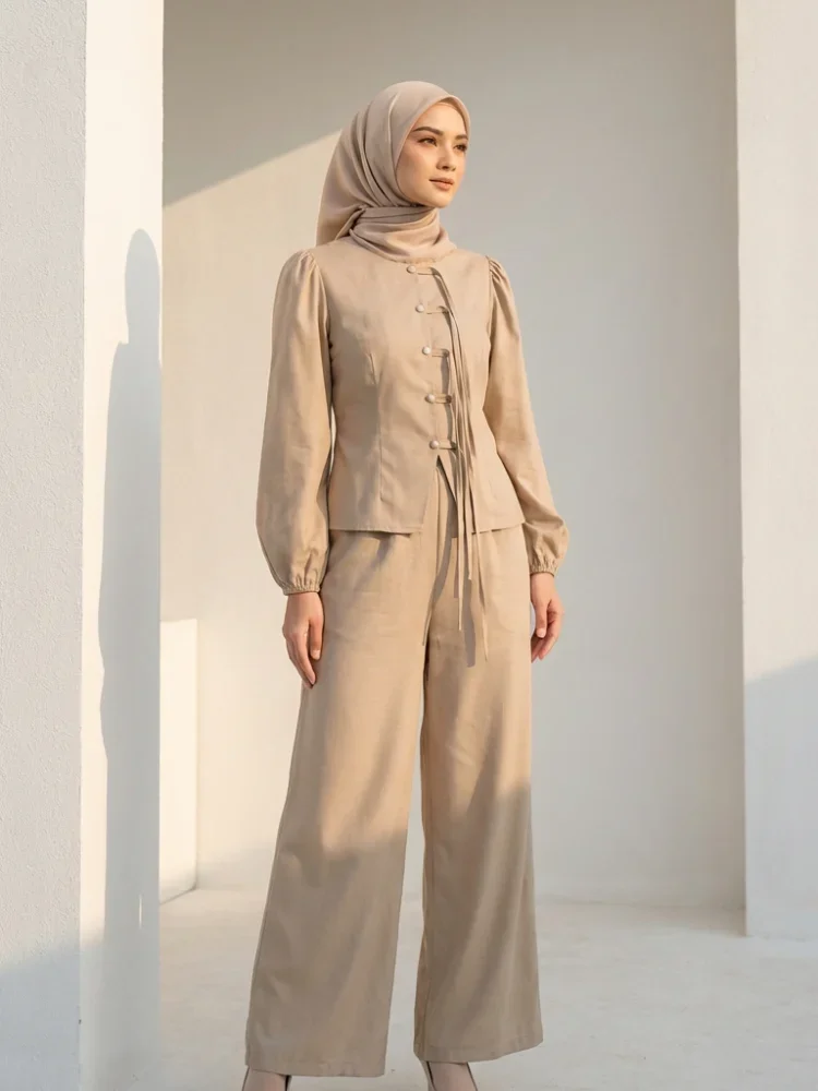 ASAYA Setelan wanita dengan lengan bell dan resleting buatan tangan bergaya minimalis warna solid