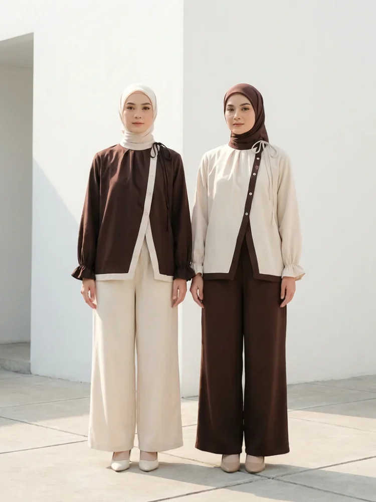 ASAYA Setelan wanita serba putih polos dengan detail kontras dan pinggang ramping yang simpel dan serbaguna