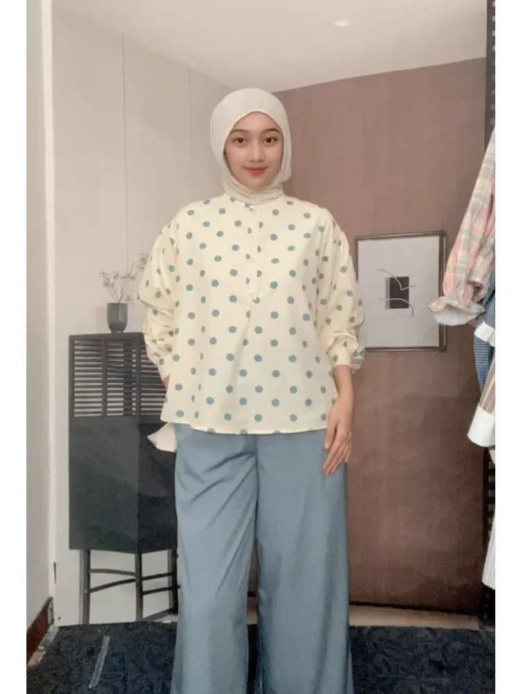 [DISKON KILAT]ASAYA Set kemeja lengan panjang bermotif lingkaran leher bulat bergaya vintage dan celana longgar