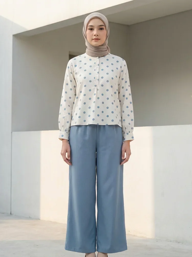 [DISKON KILAT]ASAYA Set kemeja lengan panjang bermotif lingkaran leher bulat bergaya vintage dan celana longgar
