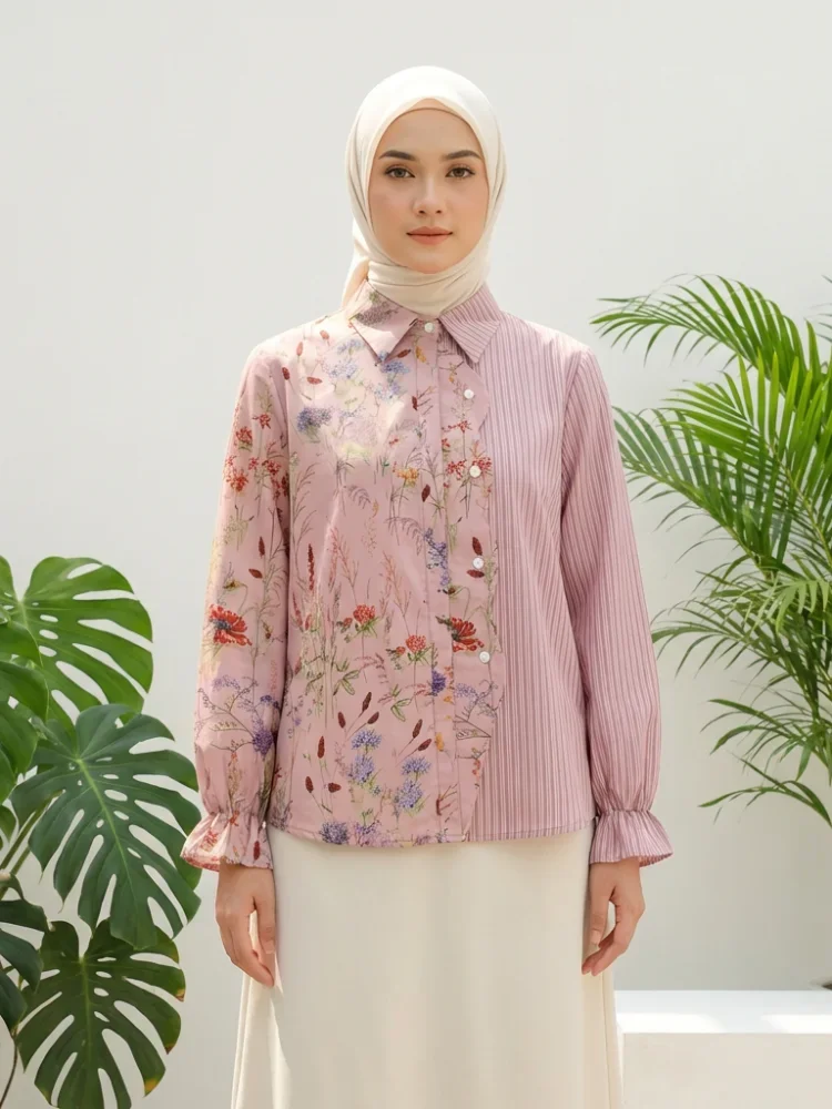 ASAYA Kemeja polkadot warna-warni yang stylish dengan pinggiran renda