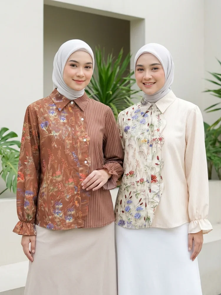 ASAYA Kemeja polkadot warna-warni yang stylish dengan pinggiran renda