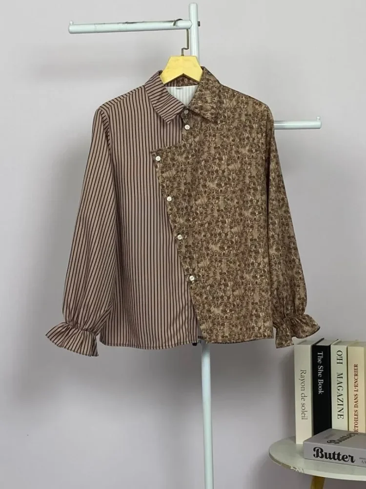 ASAYA Blouse wanita lembut desain patchwork garis elegan modern banyak pilihan