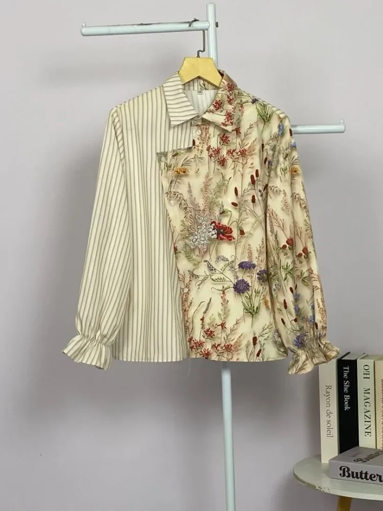 ASAYA Blouse wanita lembut desain patchwork garis elegan modern banyak pilihan