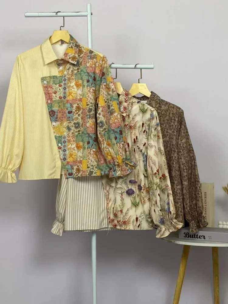 ASAYA Blouse wanita lembut desain patchwork garis elegan modern banyak pilihan