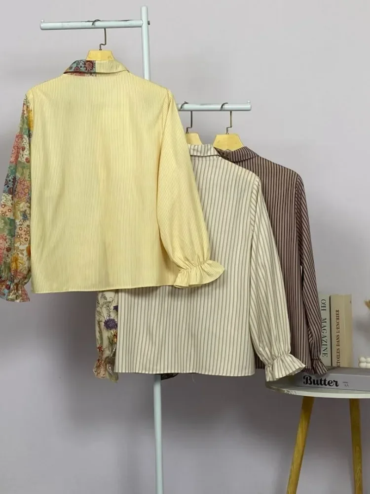 ASAYA Blouse wanita lembut desain patchwork garis elegan modern banyak pilihan
