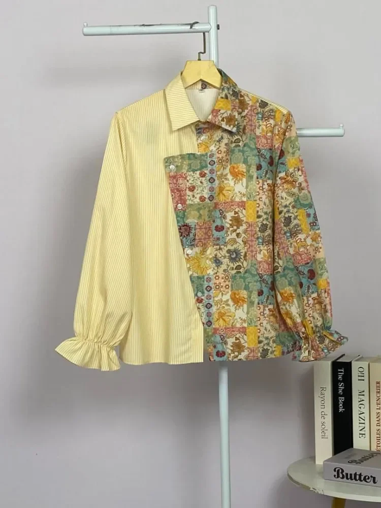 ASAYA Blouse wanita lembut desain patchwork garis elegan modern banyak pilihan