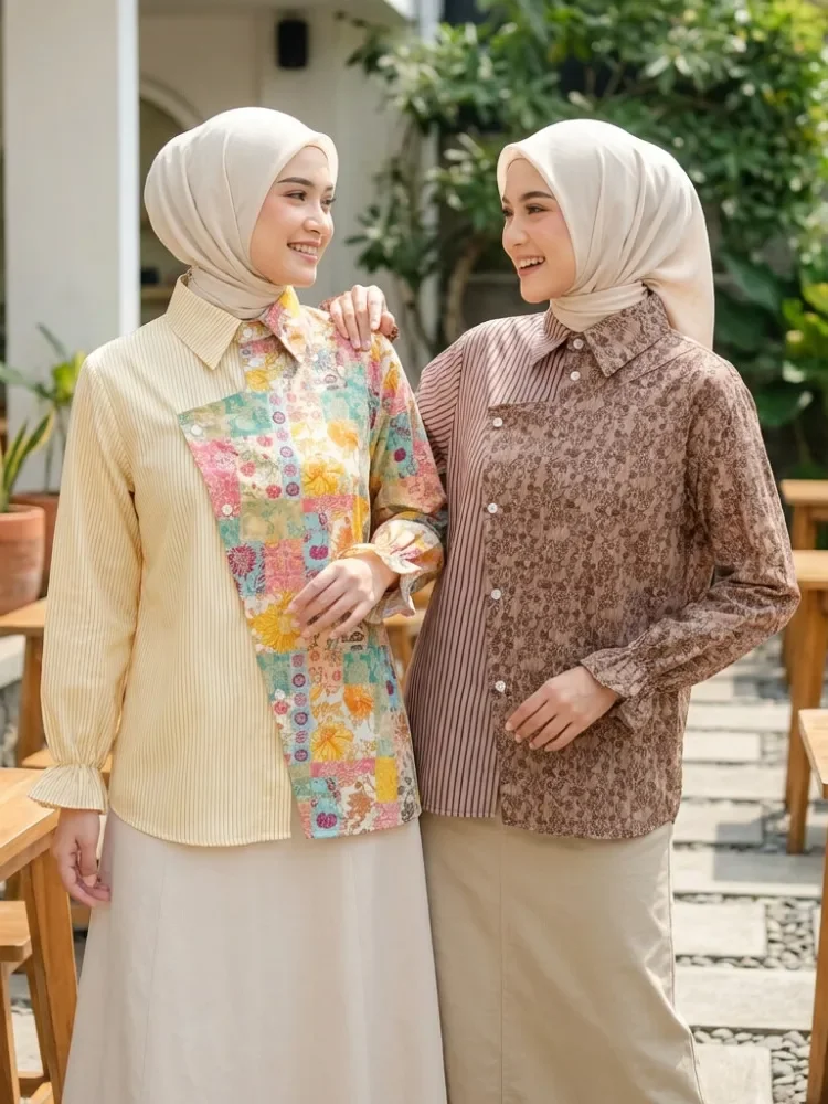 ASAYA Blouse wanita lembut desain patchwork garis elegan modern banyak pilihan