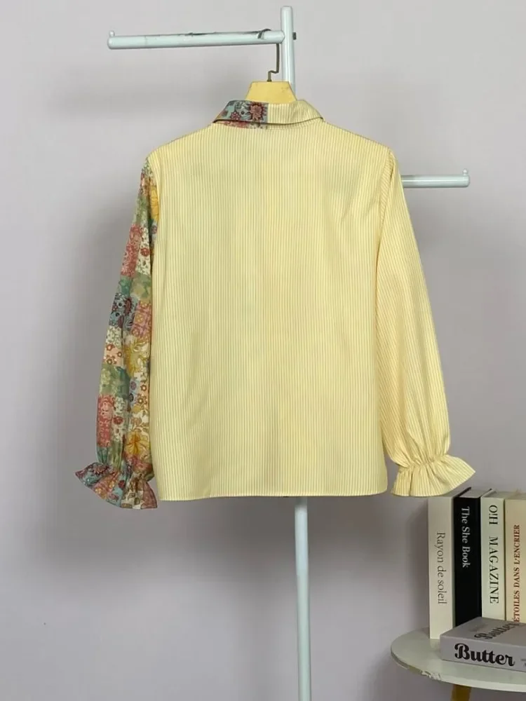 ASAYA Blouse wanita lembut desain patchwork garis elegan modern banyak pilihan