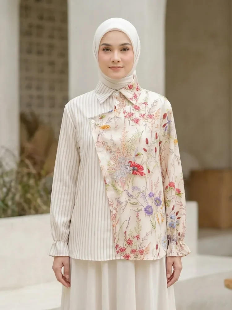 ASAYA Blouse wanita lembut desain patchwork garis elegan modern banyak pilihan