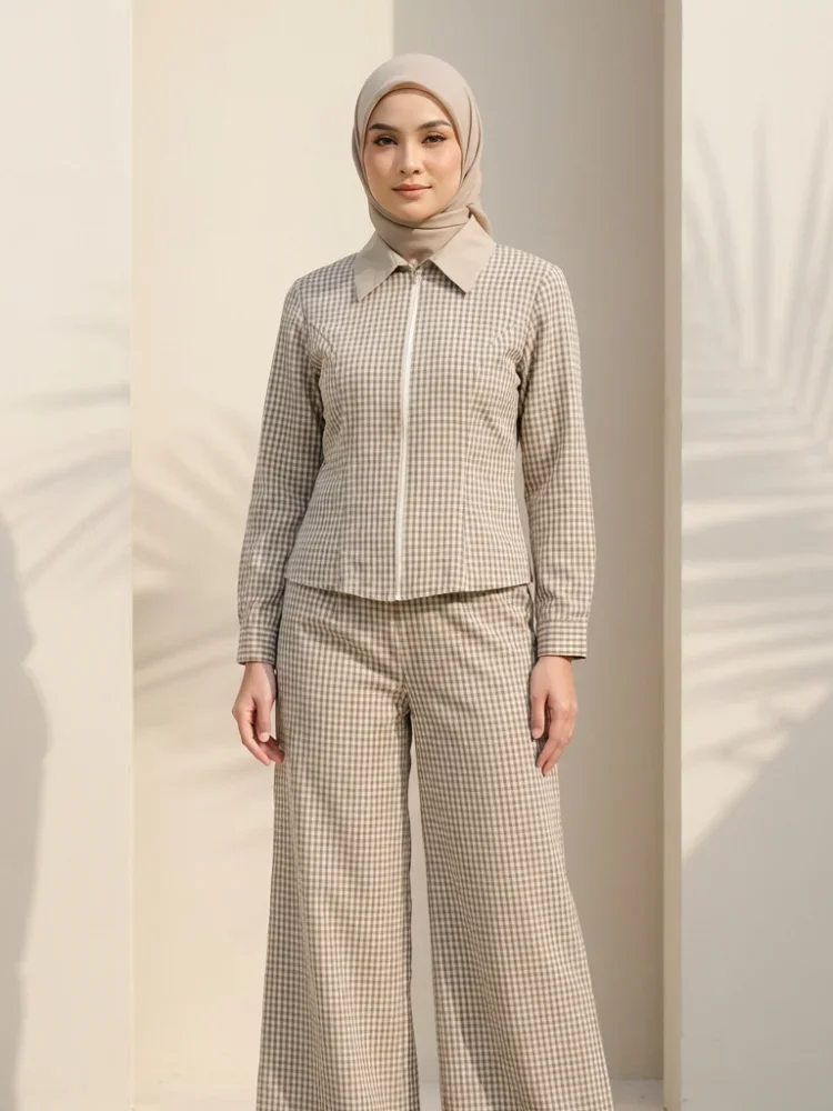 [READY STOCK]ASAYA Setelan atasan kemeja lengan panjang dengan ritsleting dan pola kotak-kotak modis wanita dipadukan dengan celana panjang bermotif kotak-kotak