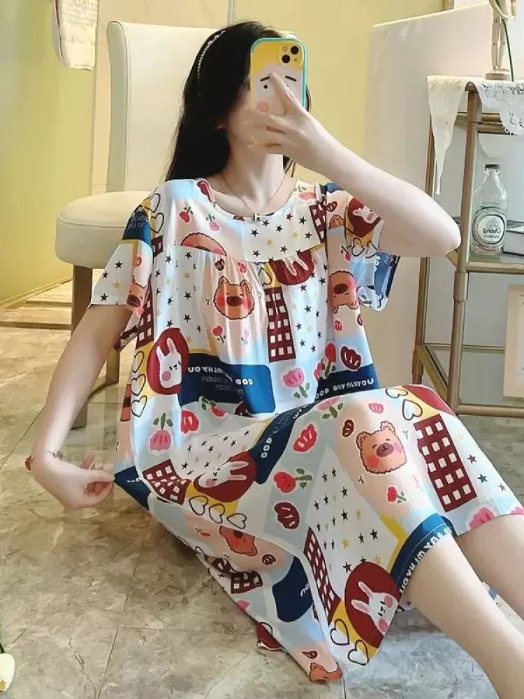 ASAYA Gaun pakaian wanita lengan pendek kerah bulat motif cetak lucu gaya korea
