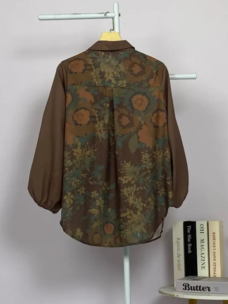 ASAYA Atasan gaya retro kerah v model longgar motif cetak untuk wanita