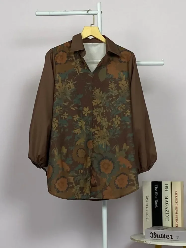 ASAYA Atasan gaya retro kerah v model longgar motif cetak untuk wanita