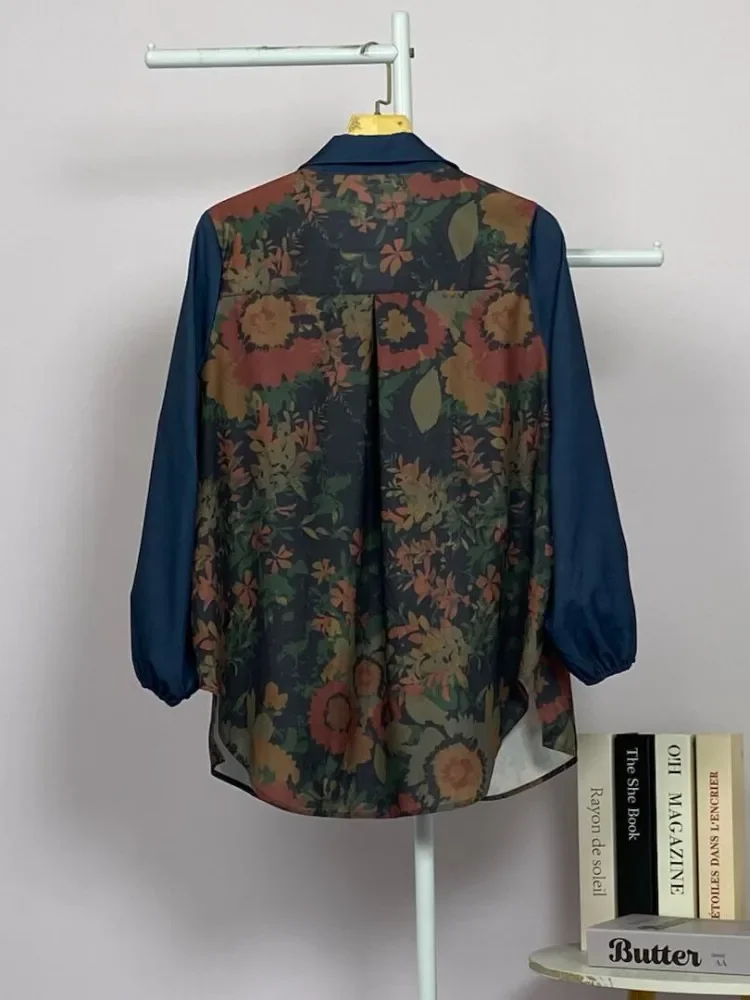 ASAYA Atasan gaya retro kerah v model longgar motif cetak untuk wanita