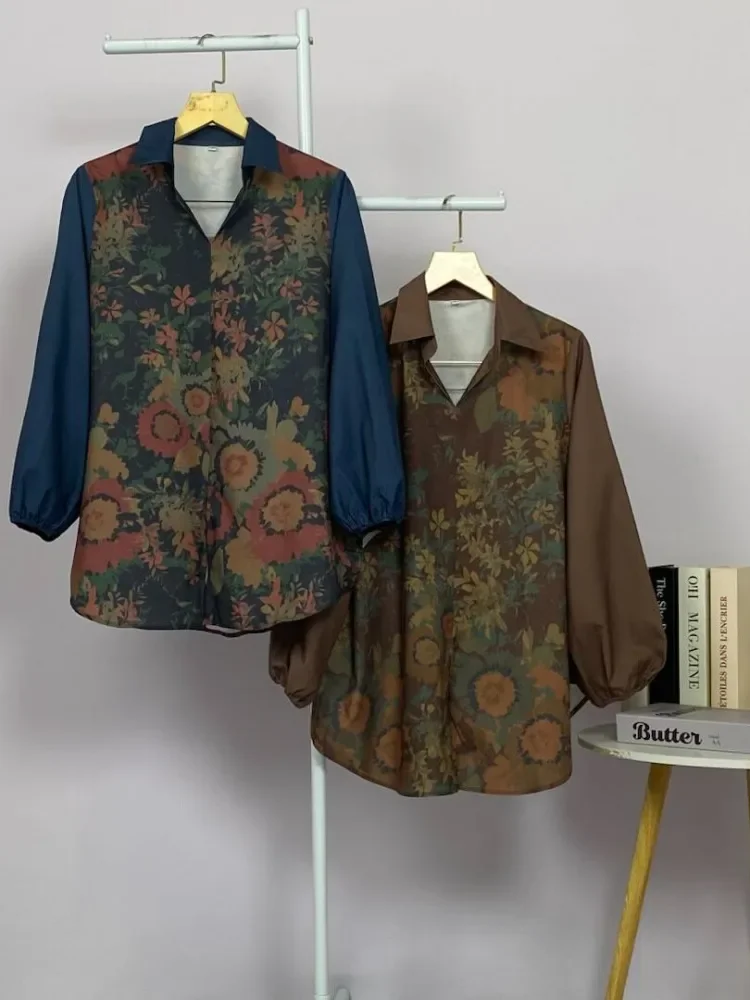 ASAYA Atasan gaya retro kerah v model longgar motif cetak untuk wanita