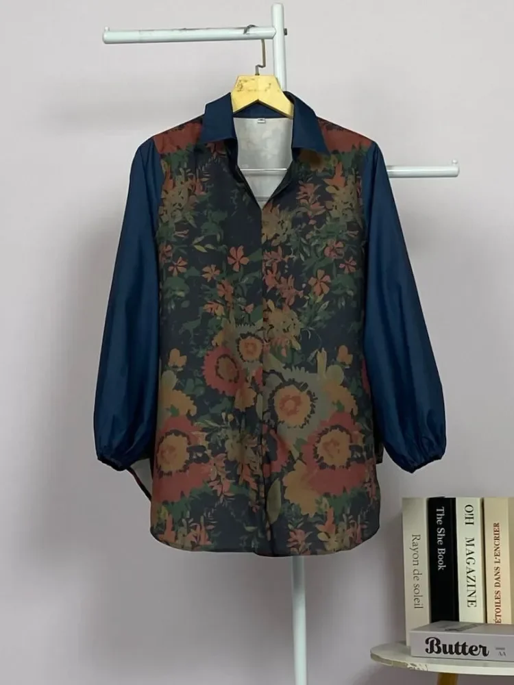ASAYA Atasan gaya retro kerah v model longgar motif cetak untuk wanita