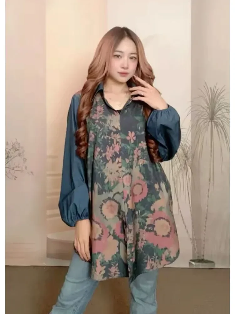 ASAYA Atasan gaya retro kerah v model longgar motif cetak untuk wanita