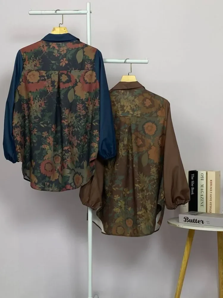 ASAYA Atasan gaya retro kerah v model longgar motif cetak untuk wanita