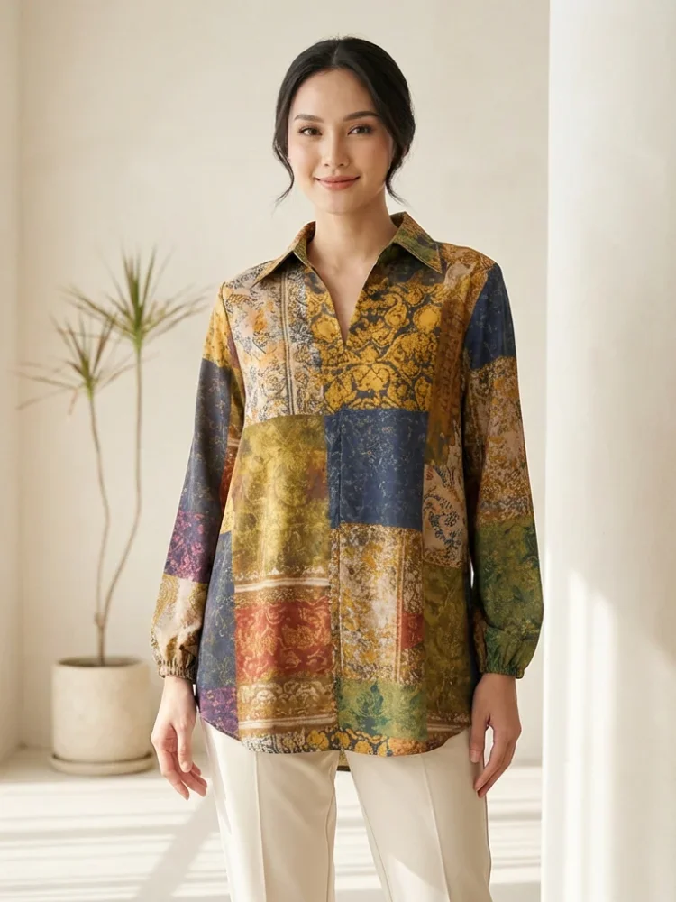 ASAYA Atasan kemeja lengan panjang dengan gaya kasual motif bunga