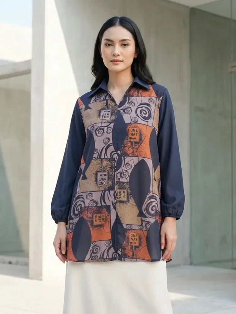 ASAYA Atasan gaya retro kerah v model longgar motif cetak untuk wanita