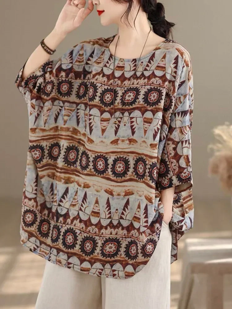 ASAYA Atasan blouse longgar kerah bulat dan motif cetak retro wanita