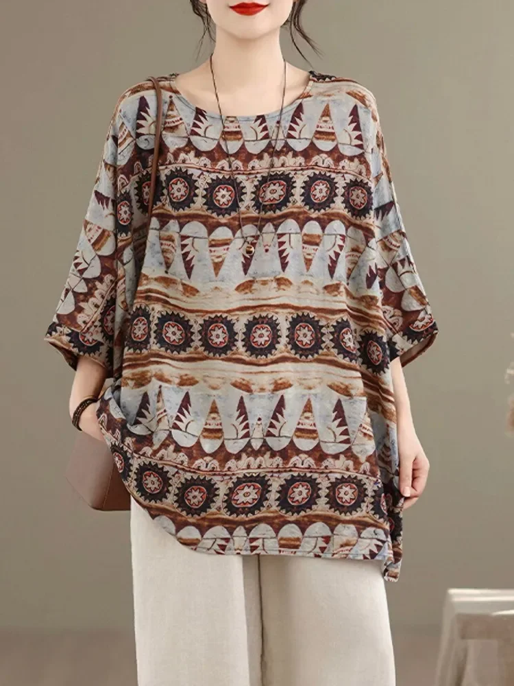ASAYA Atasan blouse longgar kerah bulat dan motif cetak retro wanita