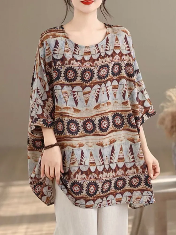 ASAYA Atasan blouse longgar kerah bulat dan motif cetak retro wanita