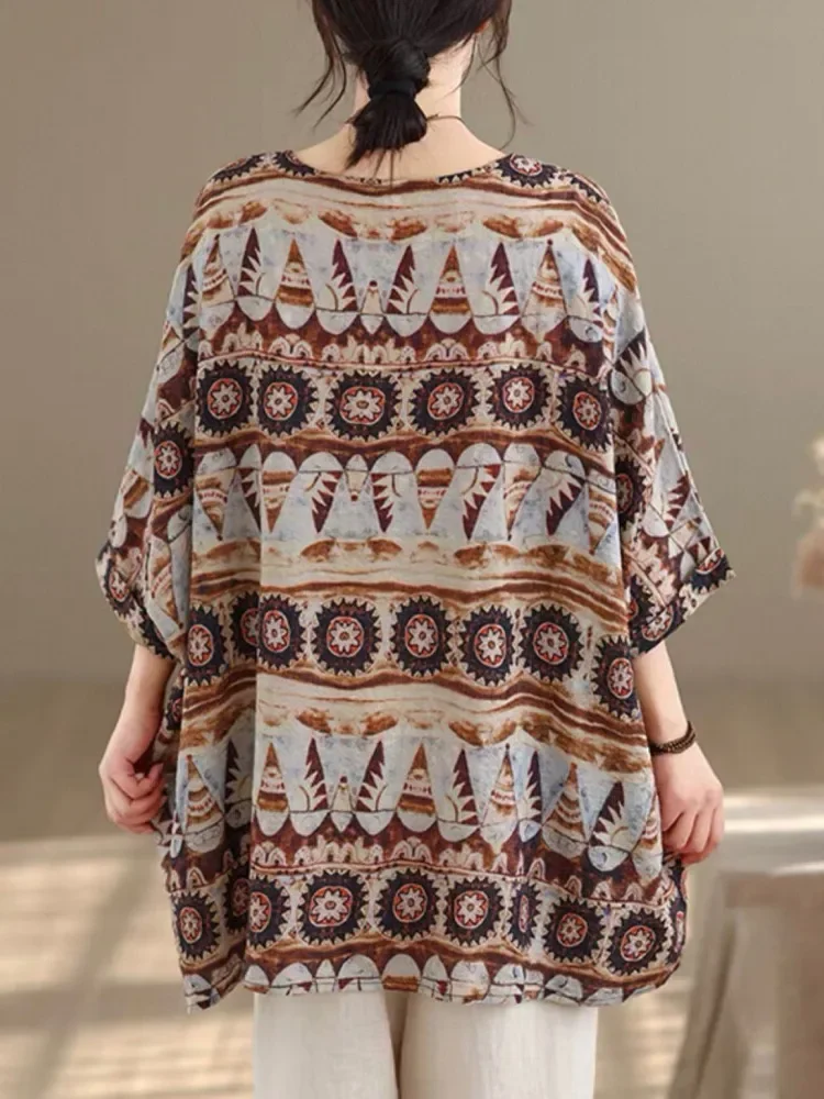 ASAYA Atasan blouse longgar kerah bulat dan motif cetak retro wanita