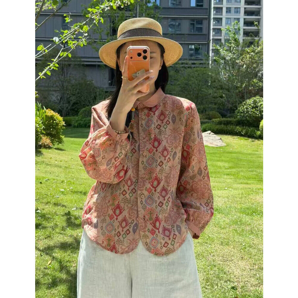 ASAYA Atasan kemeja bergaya vintage dengan motif cetak dan kancing sebaris