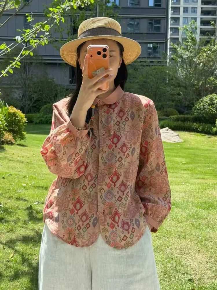 ASAYA Atasan kemeja bergaya vintage dengan motif cetak dan kancing sebaris