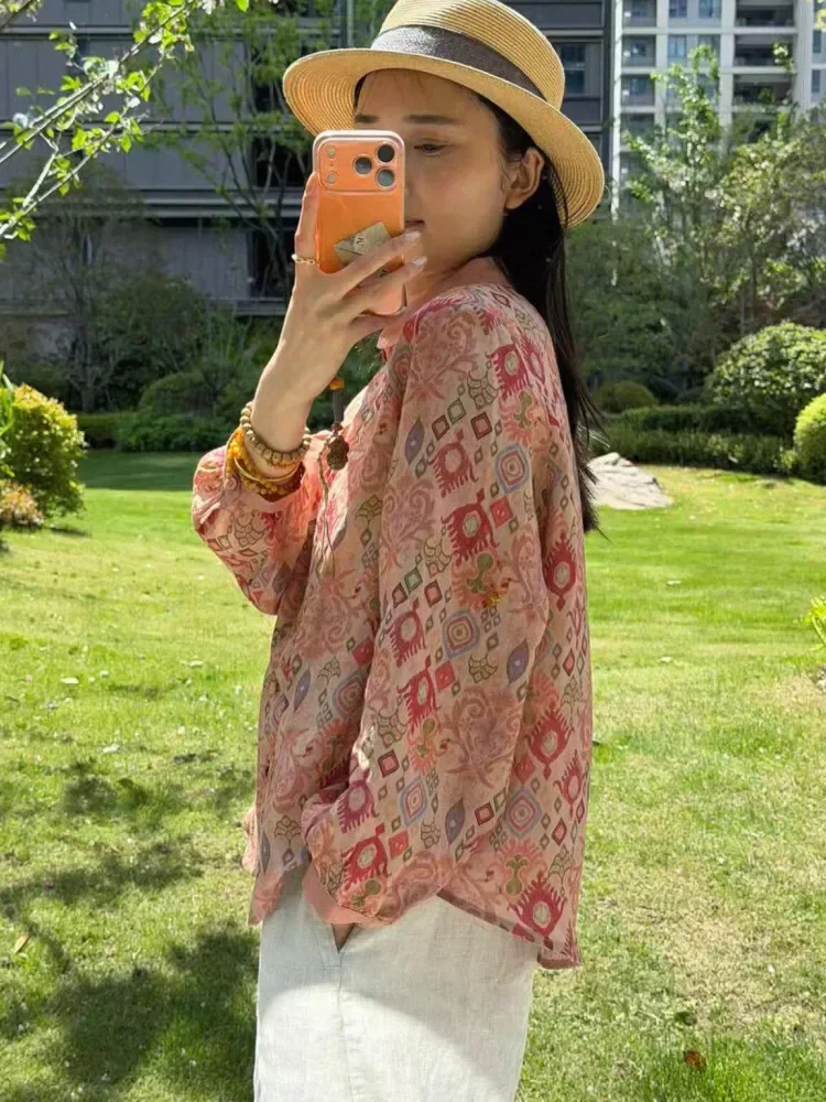 ASAYA Atasan kemeja bergaya vintage dengan motif cetak dan kancing sebaris