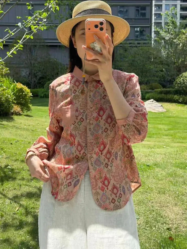 ASAYA Atasan kemeja bergaya vintage dengan motif cetak dan kancing sebaris