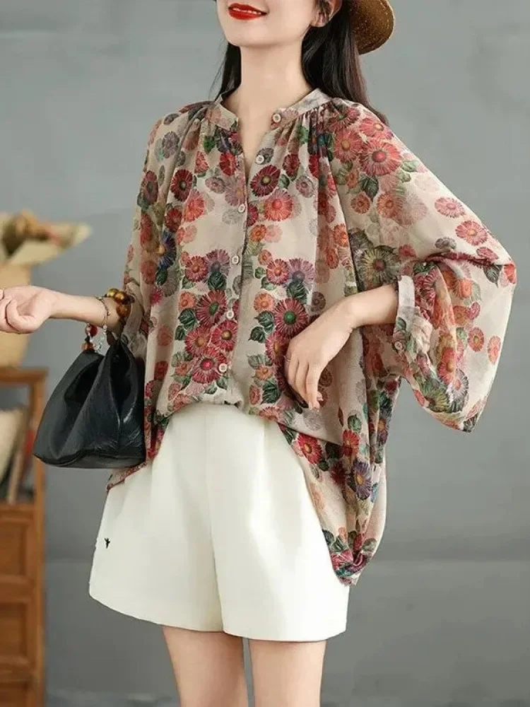 ASAYA Atasan kemeja longgar bergaya retro kelas atas dan kancing sebaris