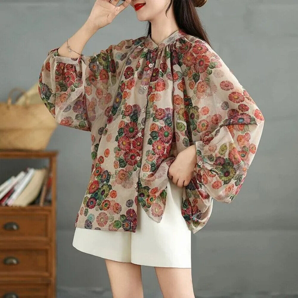 ASAYA Atasan kemeja longgar bergaya retro kelas atas dan kancing sebaris