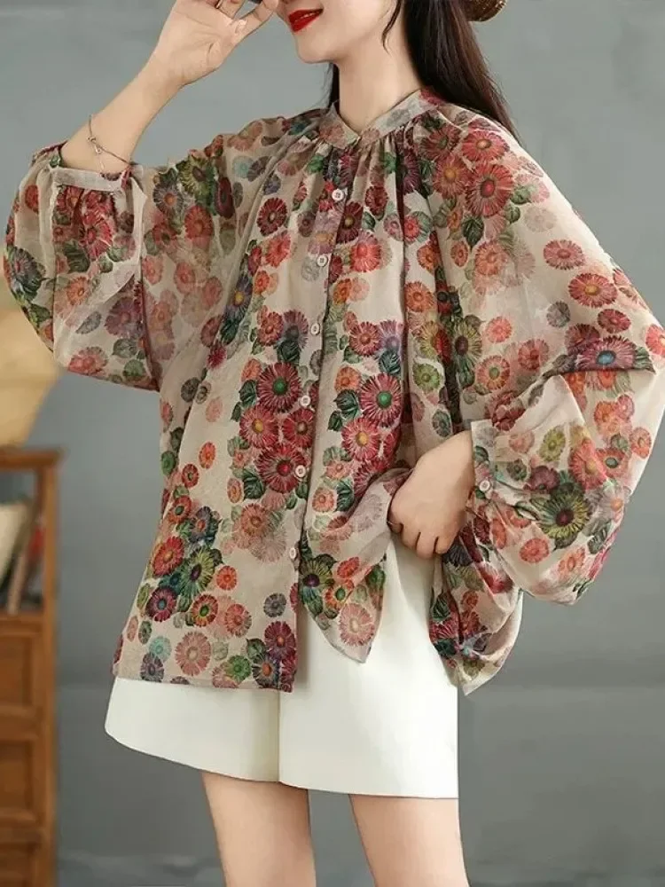 ASAYA Atasan kemeja longgar bergaya retro kelas atas dan kancing sebaris