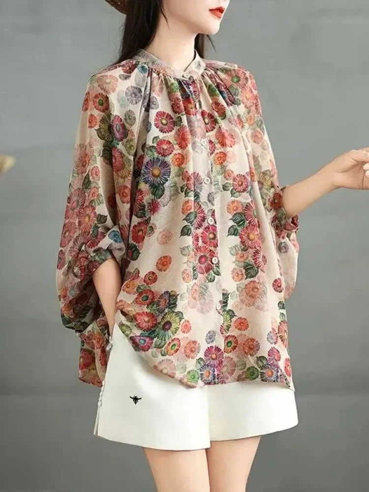 ASAYA Atasan kemeja longgar bergaya retro kelas atas dan kancing sebaris