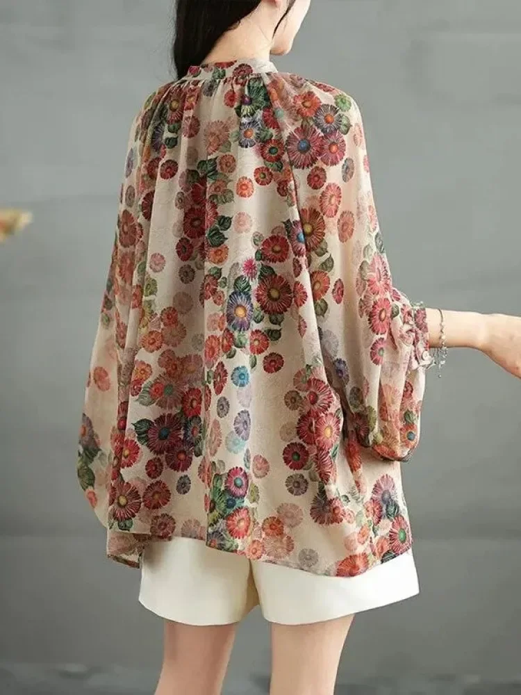 ASAYA Atasan kemeja longgar bergaya retro kelas atas dan kancing sebaris