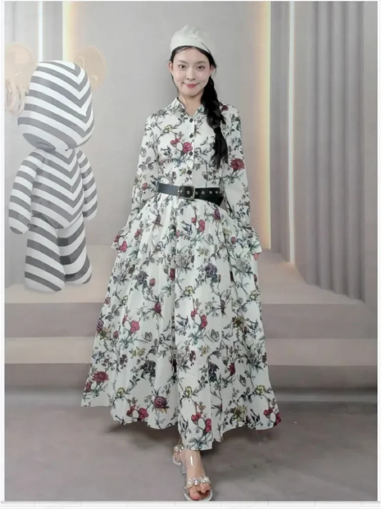 [DISKON KILAT]FADFAD Gaun bermotif suasana retro mewah ringan perancis rok panjang kelas atas desain pelangsing pinggang untuk wanita