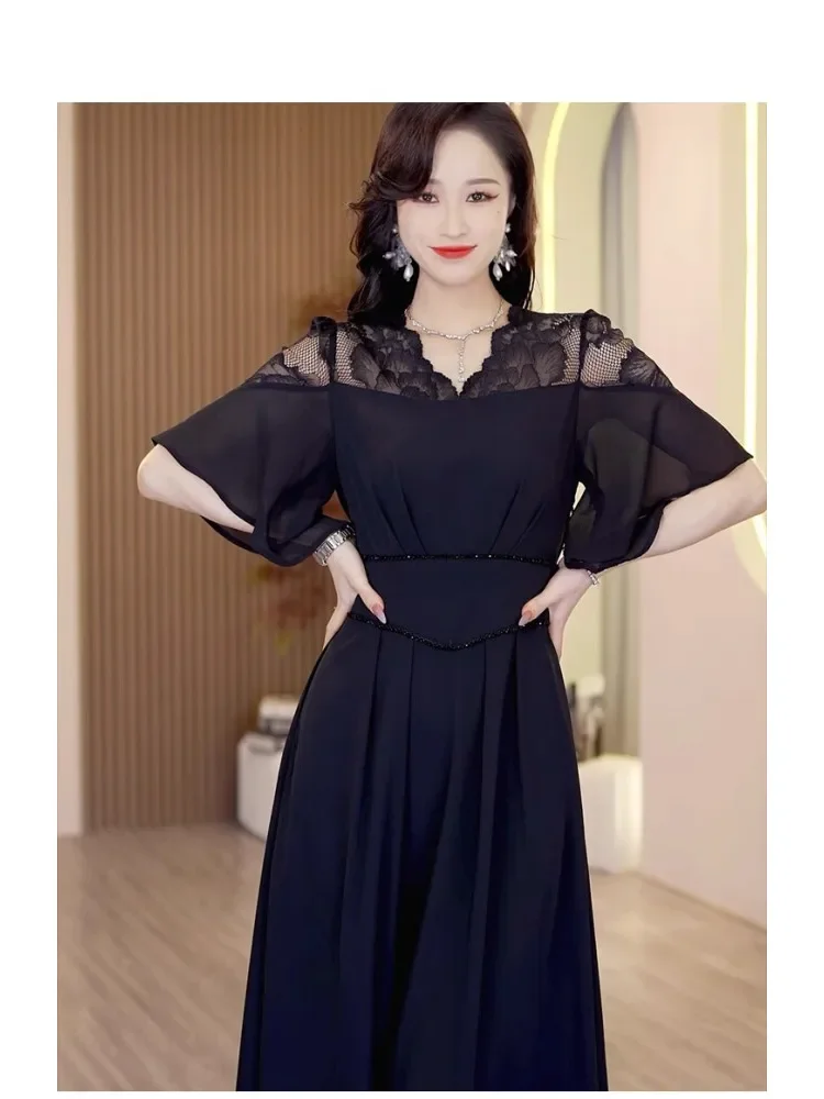 FADFAD Gaun wanita rok panjang hitam gaya casual