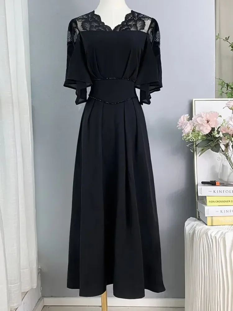 FADFAD Gaun wanita rok panjang hitam gaya casual