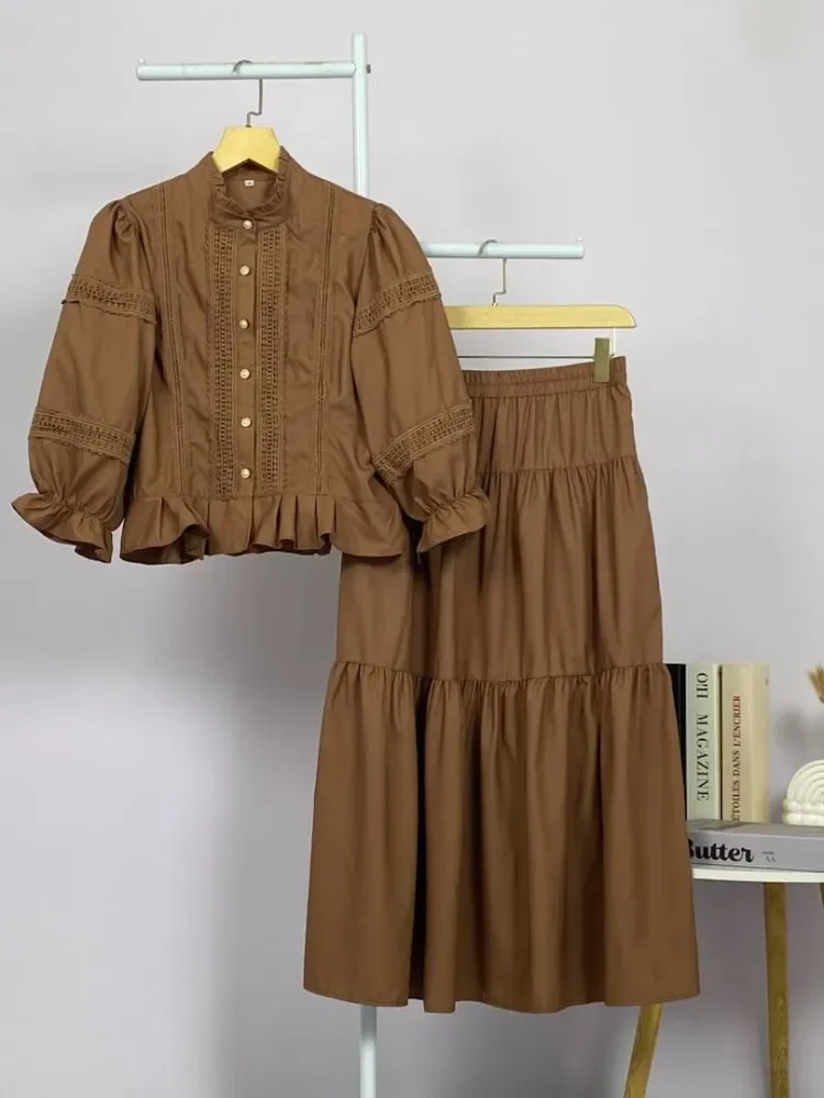 CHICMORE Setelan lengan panjang baru, atasan berwarna polos dengan hiasan renda, rok setengah yang modis dan serbaguna