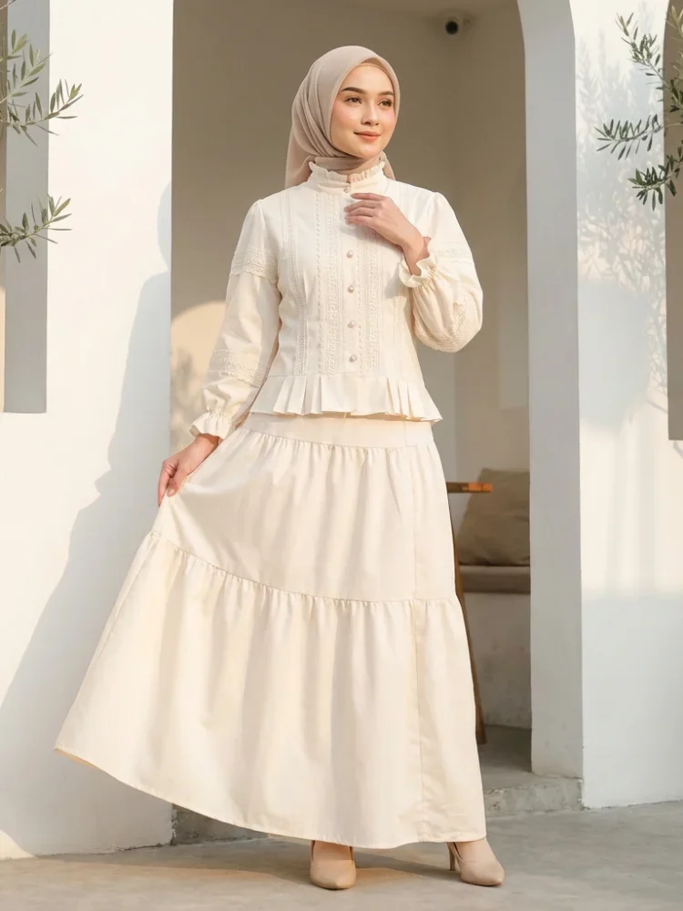 CHICMORE Setelan lengan panjang baru, atasan berwarna polos dengan hiasan renda, rok setengah yang modis dan serbaguna