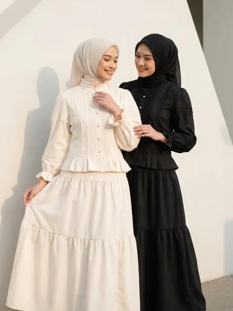 CHICMORE Setelan lengan panjang baru, atasan berwarna polos dengan hiasan renda, rok setengah yang modis dan serbaguna