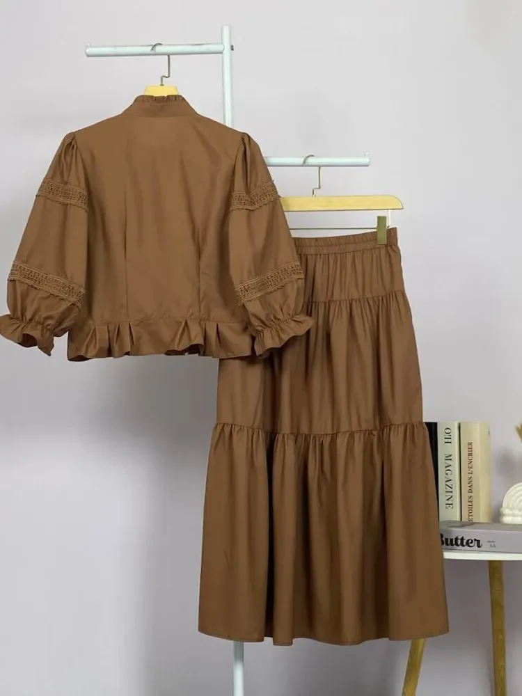 CHICMORE Setelan lengan panjang baru, atasan berwarna polos dengan hiasan renda, rok setengah yang modis dan serbaguna