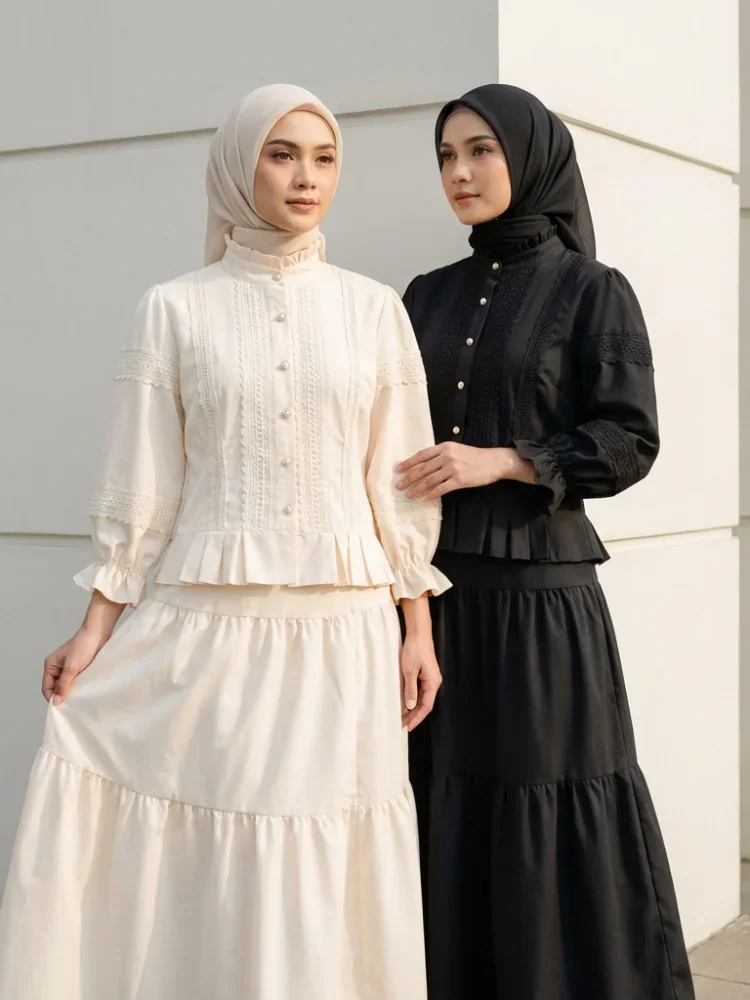 CHICMORE Setelan lengan panjang baru, atasan berwarna polos dengan hiasan renda, rok setengah yang modis dan serbaguna