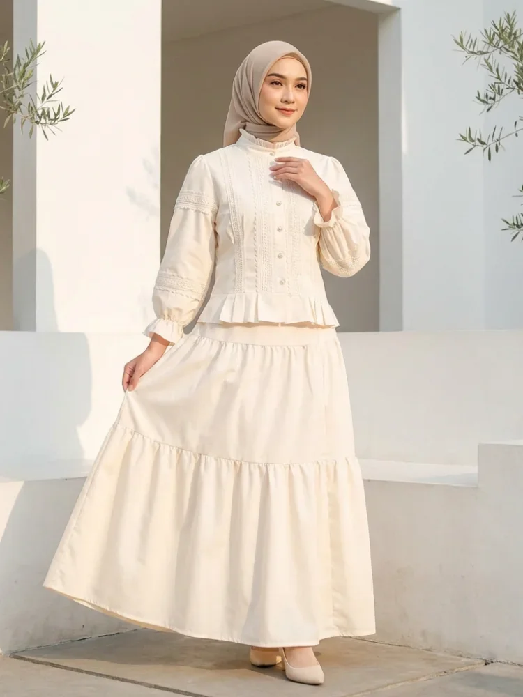 CHICMORE Setelan lengan panjang baru, atasan berwarna polos dengan hiasan renda, rok setengah yang modis dan serbaguna