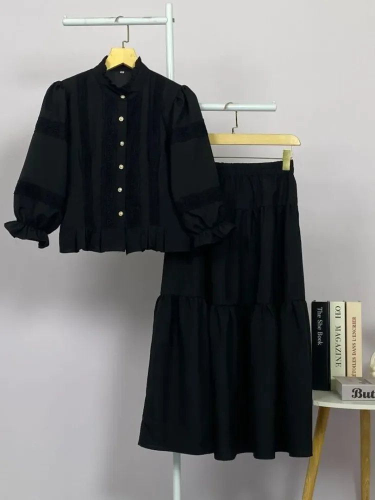 CHICMORE Setelan lengan panjang baru, atasan berwarna polos dengan hiasan renda, rok setengah yang modis dan serbaguna